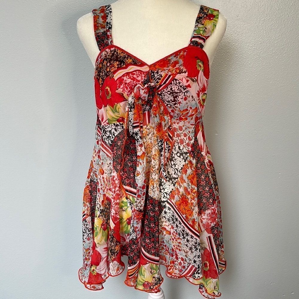 Donna sheer ruffled, asymmetrical tank top.  Cottagecore. Small. Floral Print.